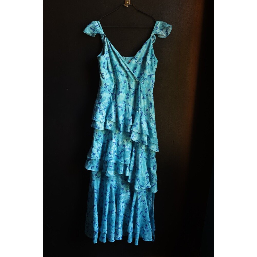 Anthropologie Hutch Miah Tiered Gown Blue Floral Formal Summer Spring Ruffle